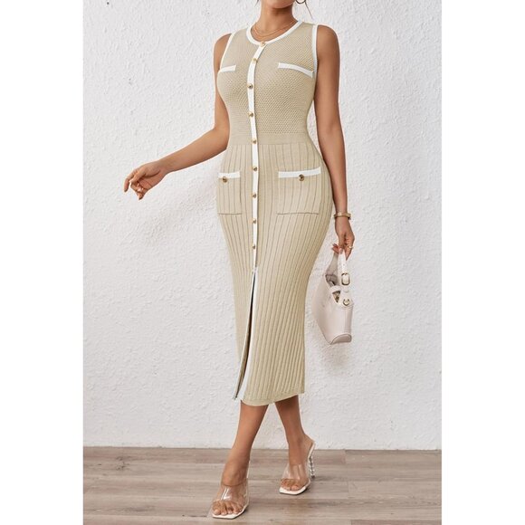 Women's Sleeveless Sweater Dress Slim Fit Midi Elegant Casual Office Wear - Picture 3 of 7